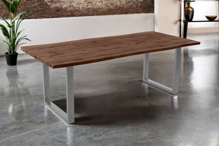 Esstisch 220x100 cm Baumkante Holz Nussbaum-Optik U-Gestell Metall silber JOSY