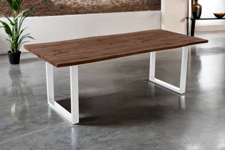 Esstisch 220x100 cm Baumkante Holz Nussbaum-Optik U-Gestell Metall weiß JOSY