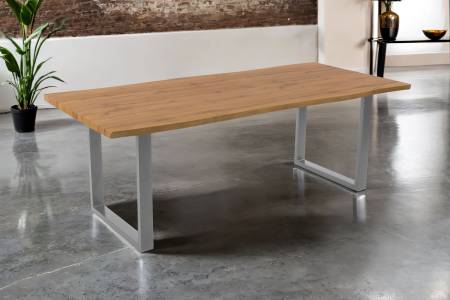 Esstisch 240x100 cm Baumkante Holz Wildeiche-Optik U-Gestell Metall silber JOSY