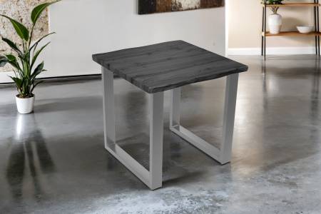 Esstisch 80x80 cm Baumkante Holz Grau-Optik U-Gestell Metall silber JOSY