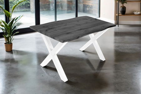 Esstisch 140x80 cm Baumkante Holz Grau-Optik X-Gestell Metall weiß JOSY