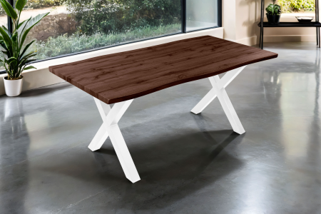 Esstisch 180x90 cm Baumkante Holz Nussbaum-Optik X-Gestell Metall weiß JOSY