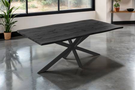 Esstisch 200x100 cm Baumkante Holz Grau-Optik Spider-Gestell Metall schwarz JOSY