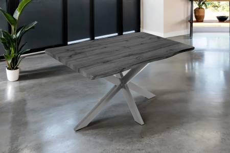 Esstisch 140x80 cm Baumkante Holz Grau-Optik Spider-Gestell Metall silber JOSY