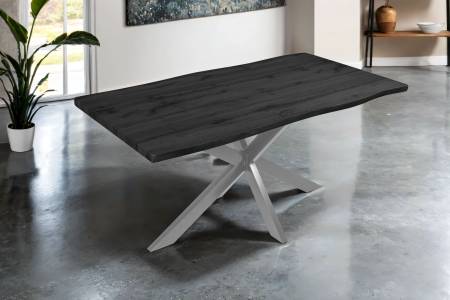 Esstisch 160x85 cm Baumkante Holz Grau-Optik Spider-Gestell Metall silber JOSY