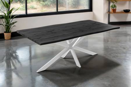 Esstisch 200x100 cm Baumkante Holz Grau-Optik Spider-Gestell Metall silber JOSY