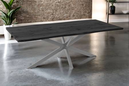 Esstisch 220x100 cm Baumkante Holz Grau-Optik Spider-Gestell Metall silber JOSY