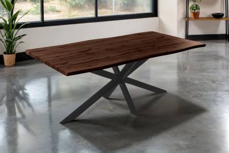 Esstisch 200x100 cm Baumkante Holz Nussbaum-Optik Spider-Gestell Metall schwarz JOSY