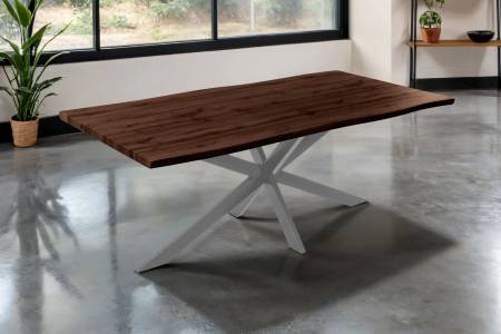 Esstisch 200x100 cm Baumkante Holz Nussbaum-Optik Spider-Gestell Metall silber JOSY