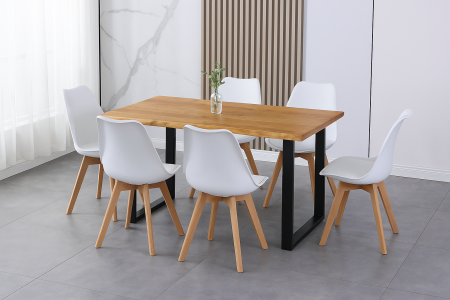 Essgruppe 7tlg. 220 x 100 cm Holz Wildeiche-Optik 6x Schalenstühle Weiß U-Gestell Schwarz JOSY