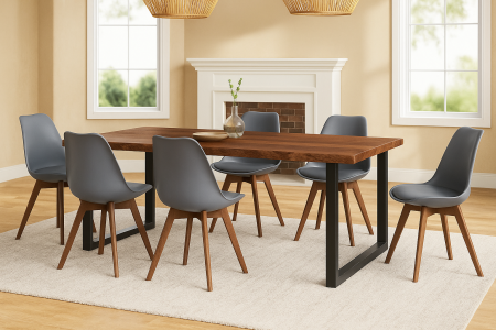 Essgruppe 7tlg. 160 x 85 cm Holz Nussbaum-Optik 6x Schalenstühle Grau U-Gestell Schwarz JOSY