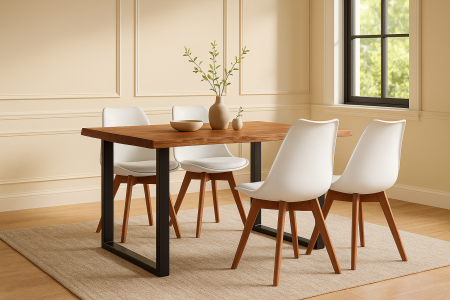 Essgruppe 5tlg. 140 x 80 cm Holz Nussbaum-Optik 4x Schalenstühle Weiß U-Gestell Schwarz JOSY