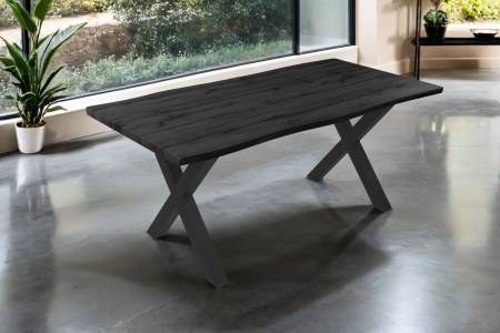 Esstisch 180x90 cm Baumkante Holz Grau-Optik X-Gestell Metall schwarz JOSY