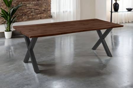 Esstisch 220x100 cm Baumkante Holz Nussbaum-Optik X-Gestell Metall schwarz JOSY