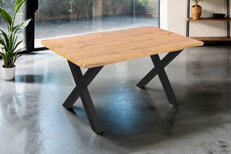Esstisch 160x85 cm Baumkante Holz Wildeiche-Optik X-Gestell Metall schwarz JOSY
