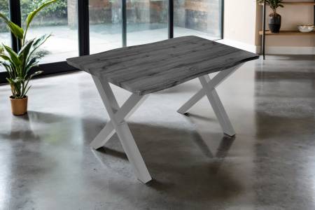 Esstisch 140x80 cm Baumkante Holz Grau-Optik X-Gestell Metall silber JOSY