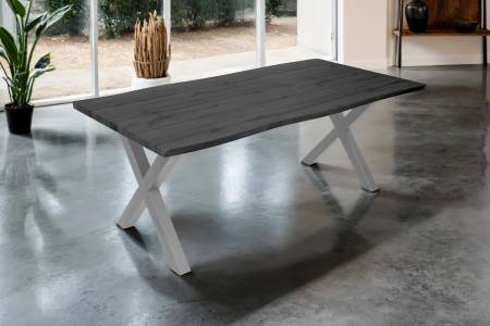 Esstisch 200x100 cm Baumkante Holz Grau-Optik X-Gestell Metall silber JOSY