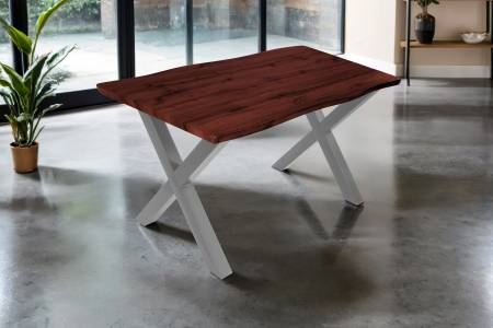 Esstisch 120x80 cm Baumkante Holz Nussbaum-Optik X-Gestell Metall silber JOSY