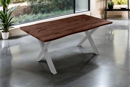 Esstisch 180x90 cm Baumkante Holz Nussbaum-Optik X-Gestell Metall silber JOSY