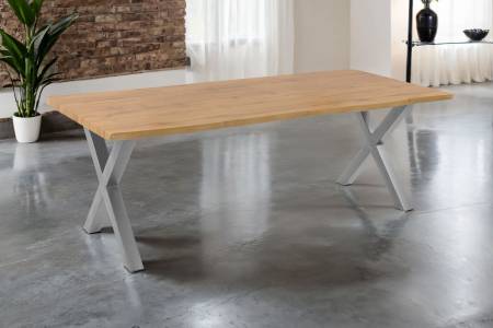 Esstisch 240x100 cm Baumkante Holz Wildeiche-Optik X-Gestell Metall silber JOSY