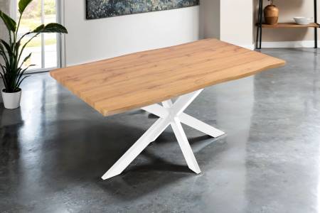 Esstisch 160x85 cm Baumkante Holz Wildeiche-Optik Spider-Gestell Metall weiß JOSY