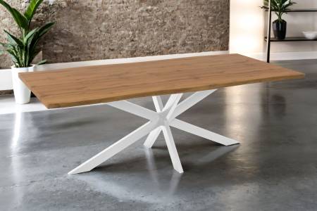 Esstisch 220x100 cm Baumkante Holz Wildeiche-Optik Spider-Gestell Metall weiß JOSY