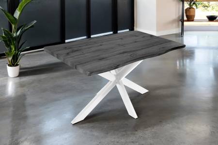 Esstisch 140x80 cm Baumkante Holz Grau-Optik Spider-Gestell Metall weiß JOSY