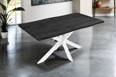 Esstisch 160x85 cm Baumkante Holz Grau-Optik Spider-Gestell Metall weiß JOSY
