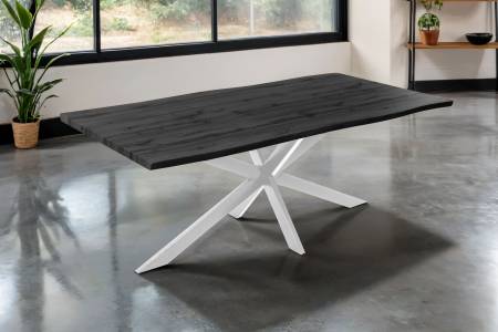 Esstisch 200x100 cm Baumkante Holz Grau-Optik Spider-Gestell Metall weiß JOSY