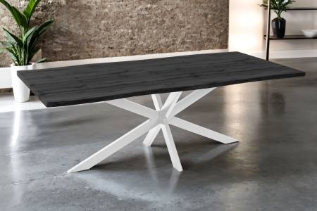 Esstisch 220x100 cm Baumkante Holz Grau-Optik Spider-Gestell Metall weiß JOSY