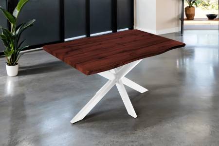 Esstisch 120x80 cm Baumkante Holz Nussbaum-Optik Spider-Gestell Metall weiß JOSY