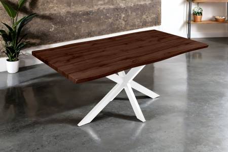 Esstisch 180x90 cm Baumkante Holz Nussbaum-Optik Spider-Gestell Metall weiß JOSY