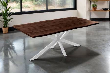 Esstisch 200x100 cm Baumkante Holz Nussbaum-Optik Spider-Gestell Metall weiß JOSY