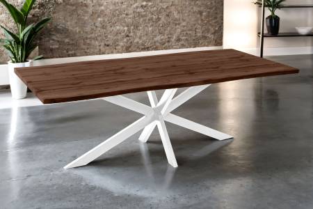 Esstisch 220x100 cm Baumkante Holz Nussbaum-Optik Spider-Gestell Metall weiß JOSY