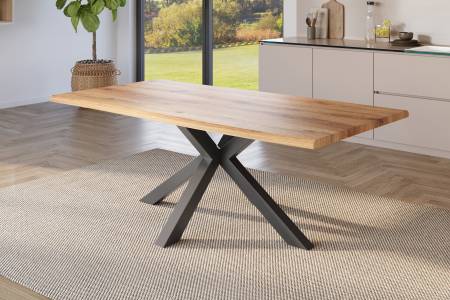 Esstisch 240x100 cm Baumkante Holz Wildeiche-Optik Spider-Gestell Metall schwarz JULIUS