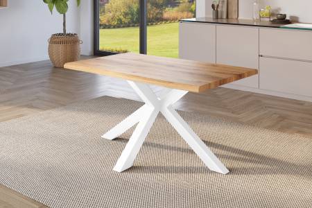 Esstisch 160x85 cm Baumkante Holz Wildeiche-Optik Spider-Gestell Metall weiß JULIUS