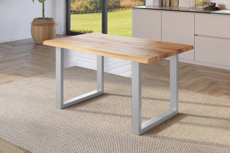 Esstisch 160x85 cm Baumkante Holz Wildeiche-Optik U-Gestell Metall silber JULIUS