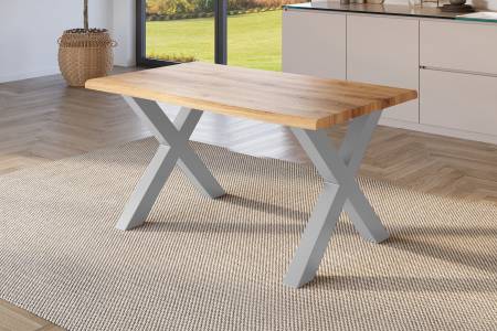 Esstisch 160x85 cm Baumkante Holz Wildeiche-Optik X-Gestell Metall silber JULIUS