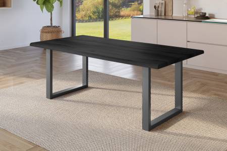 Esstisch 200x100 cm Baumkante Holz Grau-Optik U-Gestell Metall schwarz JULIUS