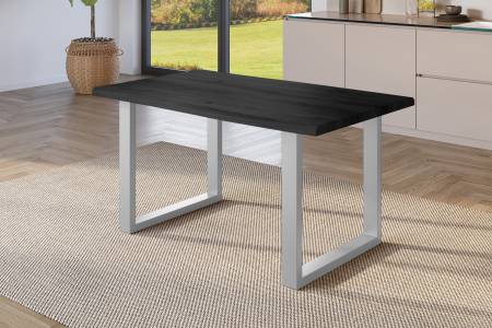 Esstisch 120x80 cm Baumkante Holz Grau-Optik U-Gestell Metall silber JULIUS