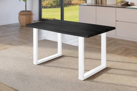 Esstisch 120x80 cm Baumkante Holz Grau-Optik U-Gestell Metall weiß JULIUS