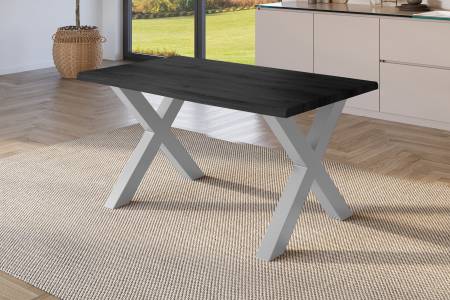 Esstisch 160x85 cm Baumkante Holz Grau-Optik X-Gestell Metall silber JULIUS