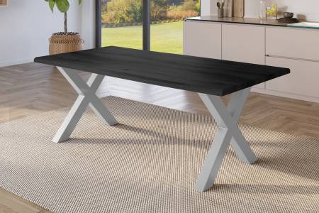 Esstisch 180x90 cm Baumkante Holz Grau-Optik X-Gestell Metall silber JULIUS