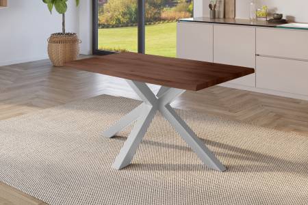 Esstisch 140x80 cm Baumkante Holz Nussbaum-Optik Spider-Gestell Metall silber JULIUS