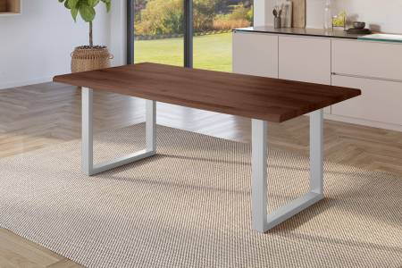 Esstisch 200x100 cm Baumkante Holz Nussbaum-Optik U-Gestell Metall silber JULIUS