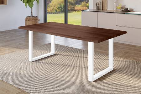 Esstisch 180x90 cm Baumkante Holz Nussbaum-Optik U-Gestell Metall weiß JULIUS