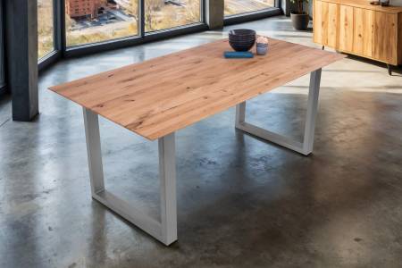 Esszimmertisch Schweizer Kante / gerade Ecken massiv & geölt Eiche 160x85 silber U-Gestell Lotte