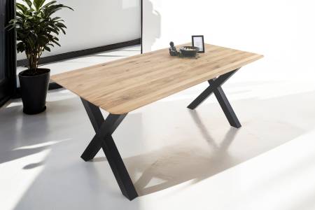 Esszimmertisch Schweizer Kante / runde Ecken massiv & geölt Eiche 180x90 schwarz X-Gestell Lotte