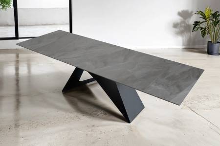 Esstisch 180 (260) x 90 cm hellgrau glänzend Keramiktisch ausziehbar Butterfly Gestell schwarz MIA