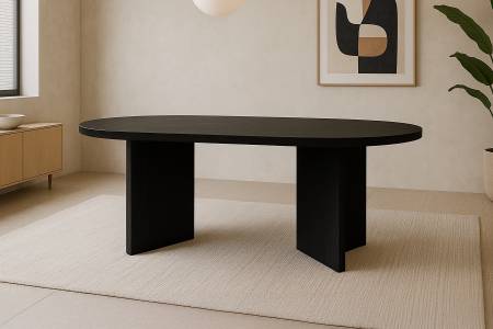 Esstisch oval mit geraden Kanten 160x90 cm Holz Schwarze-Optik Tischbeine V-Form OVI